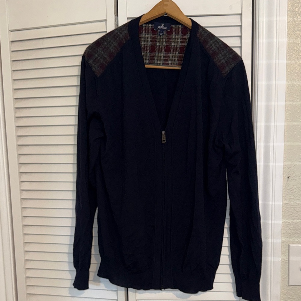 Faconnable Dark Navy Zip-Up Sweater with Plaid Shoulders - XL